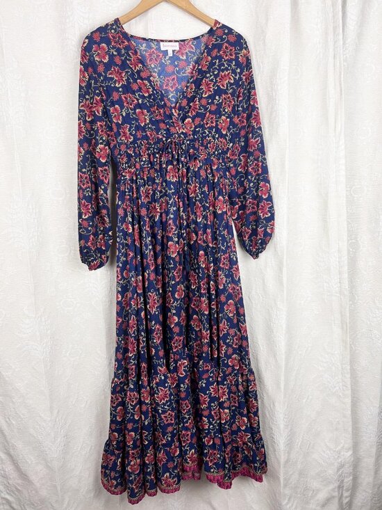 Anthropologie Dresses & Skirts - Anthropologie Boemo ruffle peasant maxi dress blue red floral cottagecore Petite